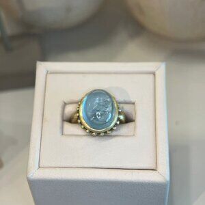 Aquamarine Oval Cab Beaded Gold Ring
